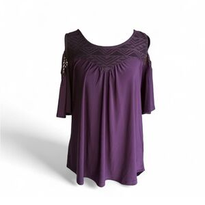 A.U.W Cold-Shoulder Lace Yoke Top in Deep Purple M, NWT